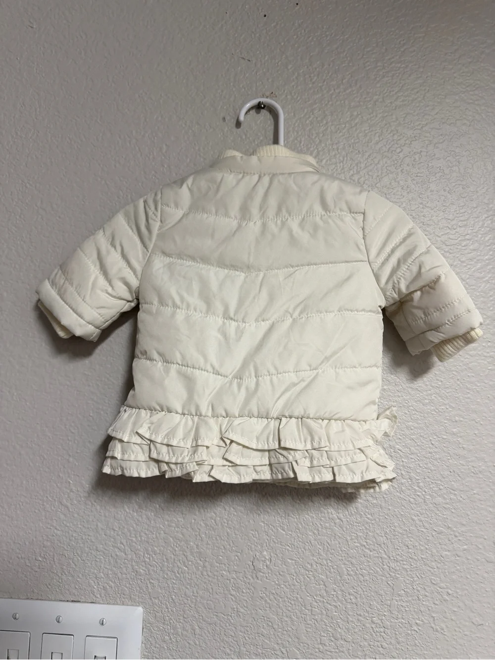 Starting Out Cream Quilted Ruffle Puffer Jacket